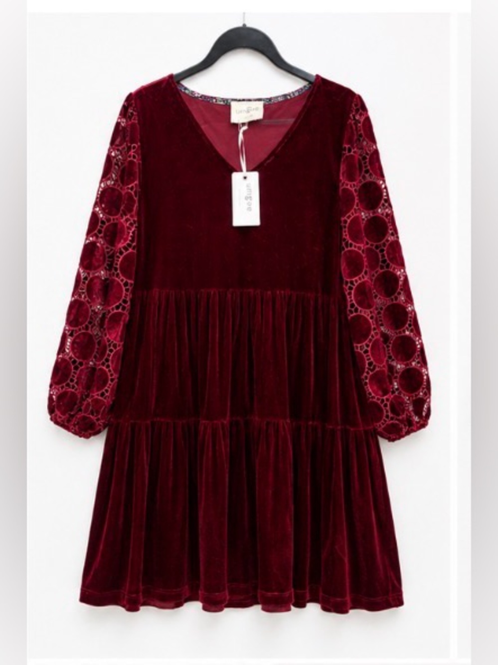 Umgee Sample Burgundy Velvet Crochet Sleeve Tiered Dress NWT